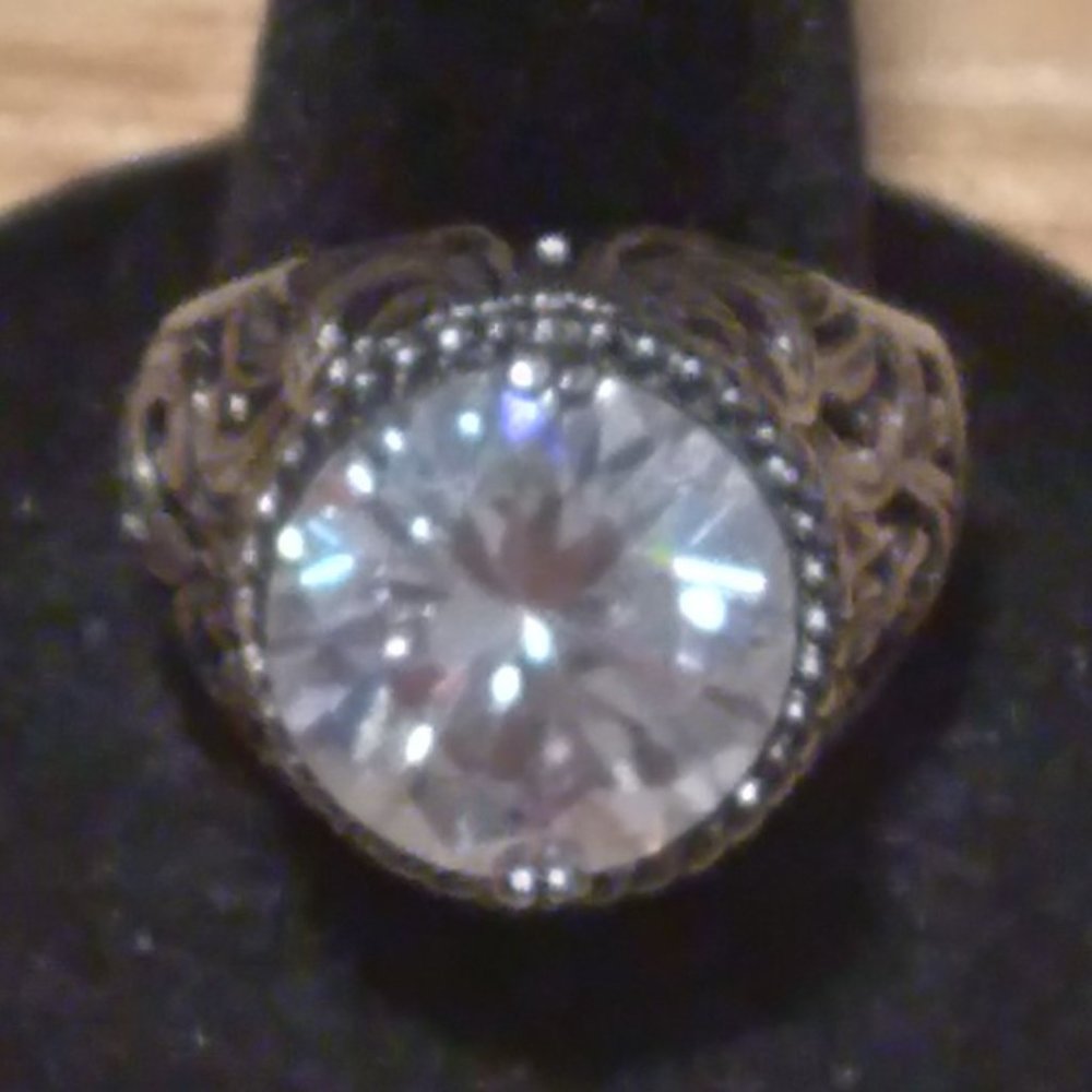 Designer Prime Art & Jewel Ring GIANT CZ Gun Metal Color Filigree Setting Size 7